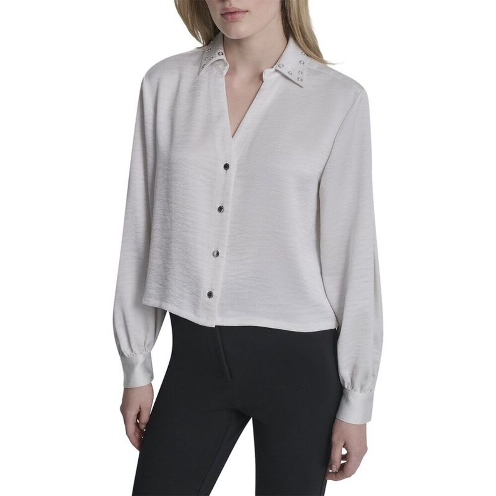 Dkny Womens Stud Collar Y-Neck Shirt, White